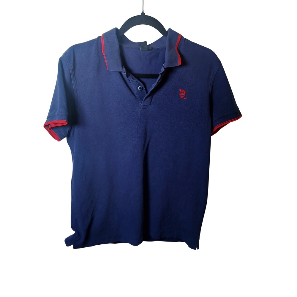 McQ Alexander McQueen Mens Navy Blue Red Tipped Pique Polo Shirt Logo Large